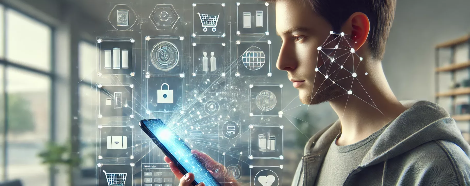 DALL·E - A realistic illustration of a person using a smartphone for a visual search, with various elements like products, links, and information panels emergi