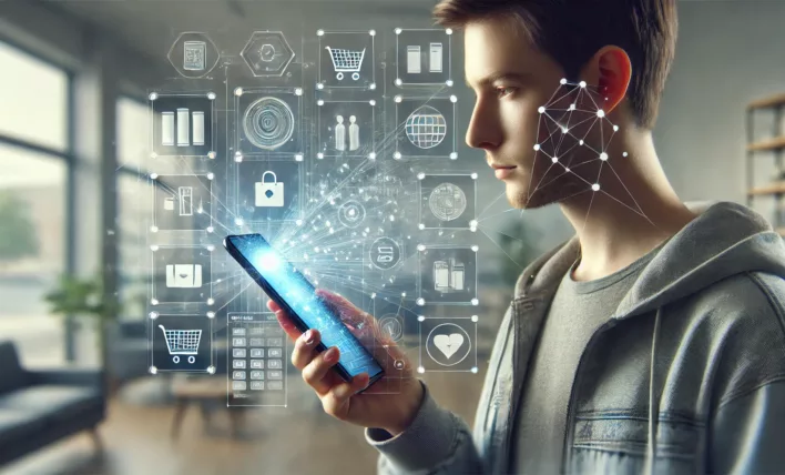 DALL·E - A realistic illustration of a person using a smartphone for a visual search, with various elements like products, links, and information panels emergi