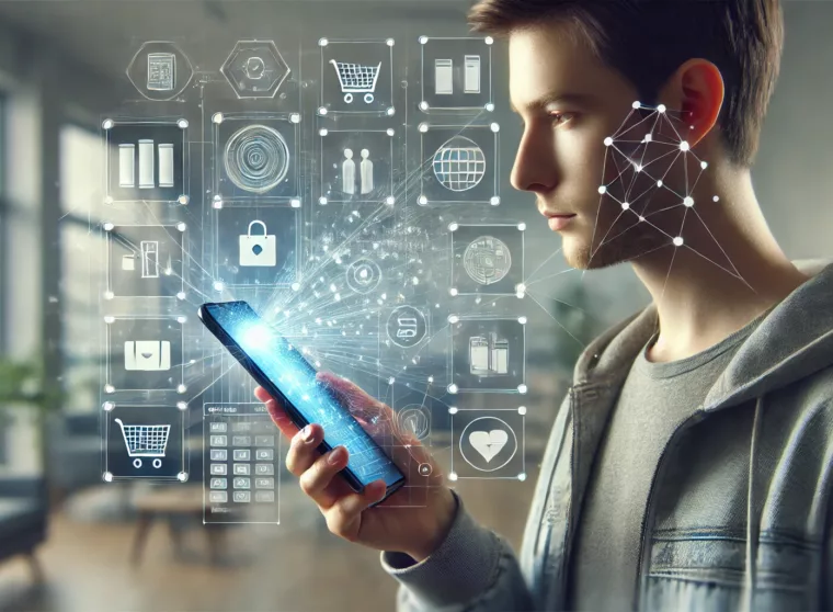 DALL·E - A realistic illustration of a person using a smartphone for a visual search, with various elements like products, links, and information panels emergi