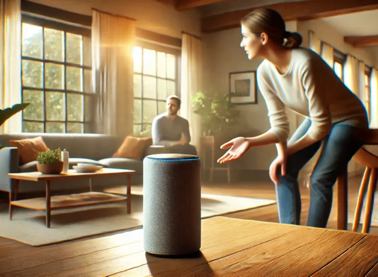 DALL·E - A realistic, natural image of a person interacting with a smart speaker or voice assistant device in a modern home setting
